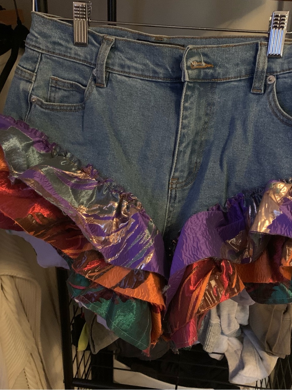 Akira Denim Shorts with Metallic Multi-Color Ruffle Trim